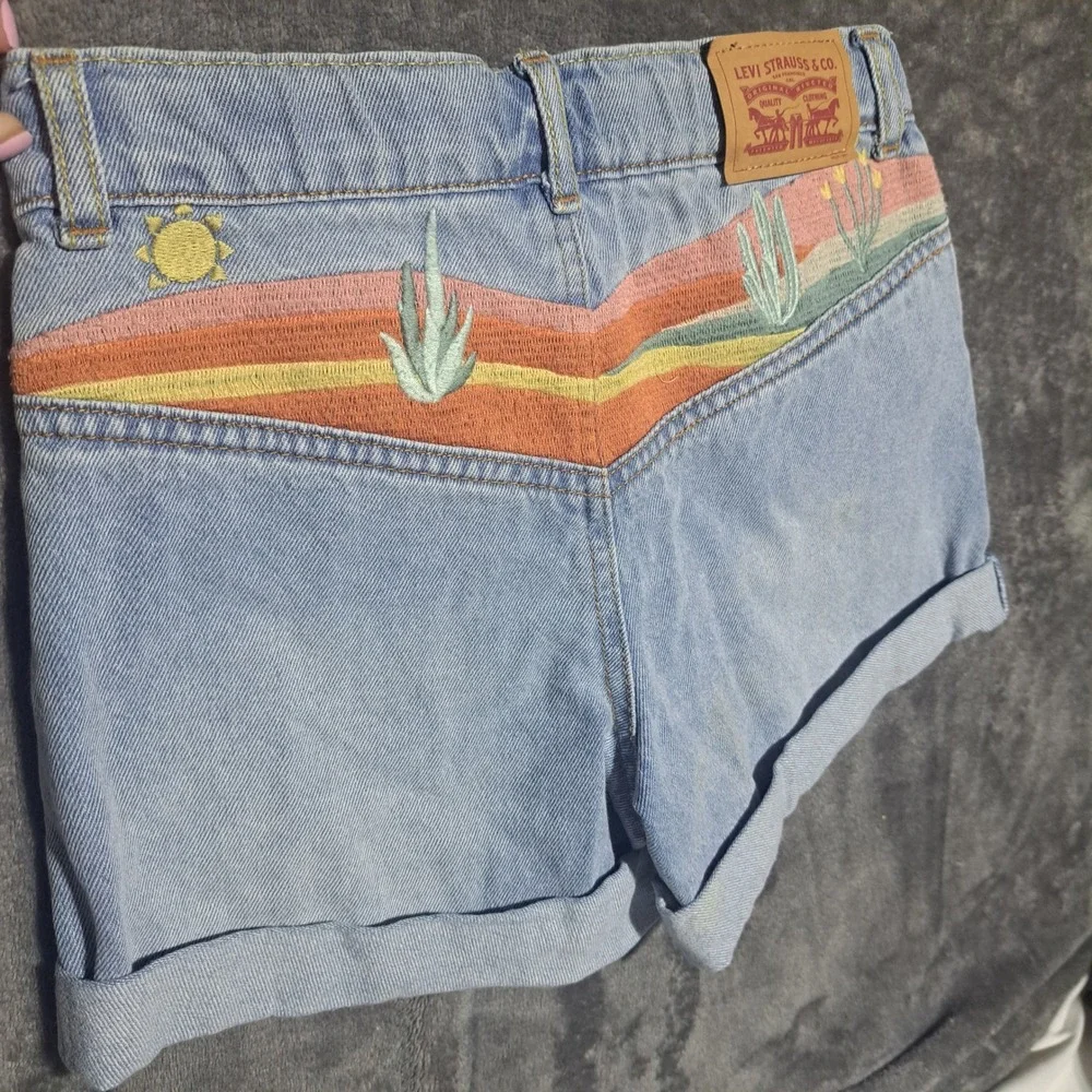 Levi Girls Denim Vest and Mini Mom Shorts Set Blue Cactus Desert Boho Western